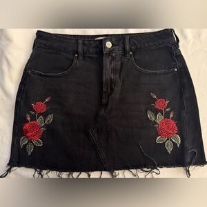 PacSun Black Denim Skirt with Red Rose Embroidery